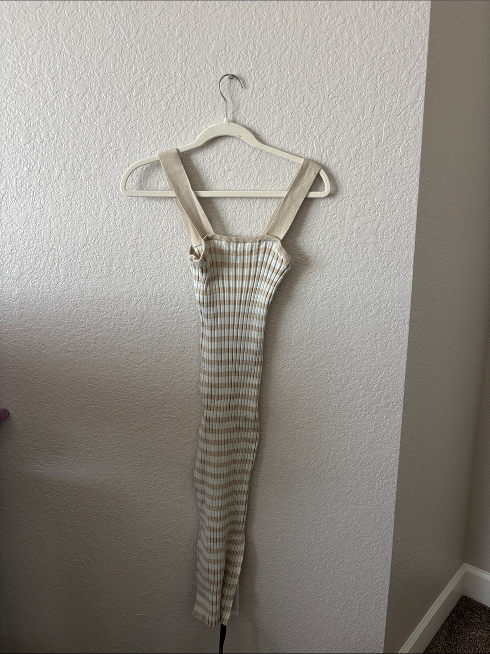 Stretchy Striped Knit Dress - Beige and Cream